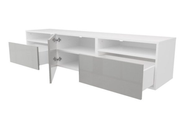 Тумба с 2 ящиками, дверцей и полками Оскар Амика 180х38 с push to open, белый / пыльный серый глянец
