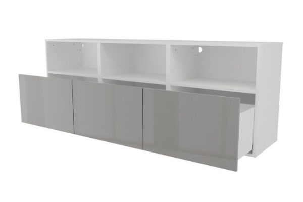 Тумба 3 полки и 3 ящика Оскар Амика 180х64 с push to open, белый / пыльный серый глянец