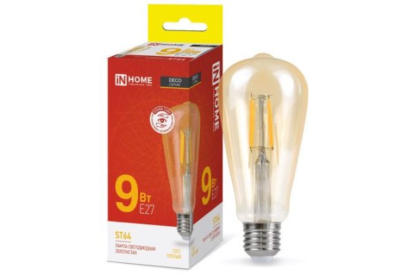 Лампа светодиодная IN HOME Deco LED-ST64-deco gold 9W, E27, Тёплый