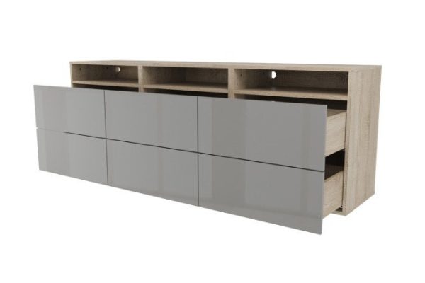 Тумба 3 полки и 6 ящиков Оскар Амика 180х64 с push to open, дуб сонома / пыльный серый глянец