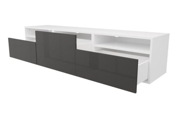 Тумба с 3 ящиками и 2 полками Оскар Амика 180х38 с push to open, белый / черный графит глянец