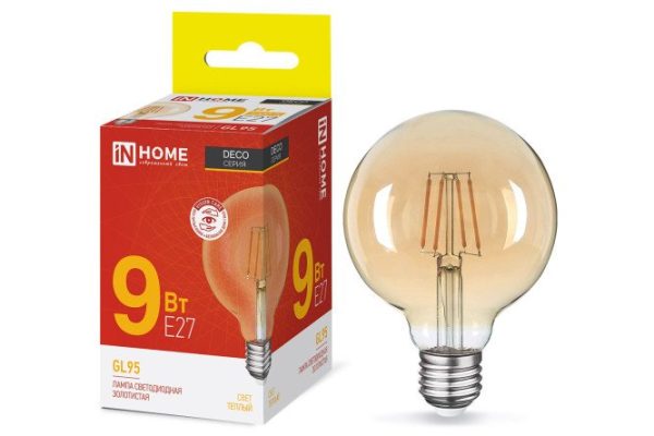 Лампа светодиодная IN HOME Deco LED-GL-95-deco gold 9W, E27, Тёплый