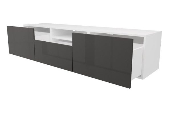 Тумба с 3 ящиками и 1 полкой Оскар Амика 180х38 с push to open, белый / черный графит глянец