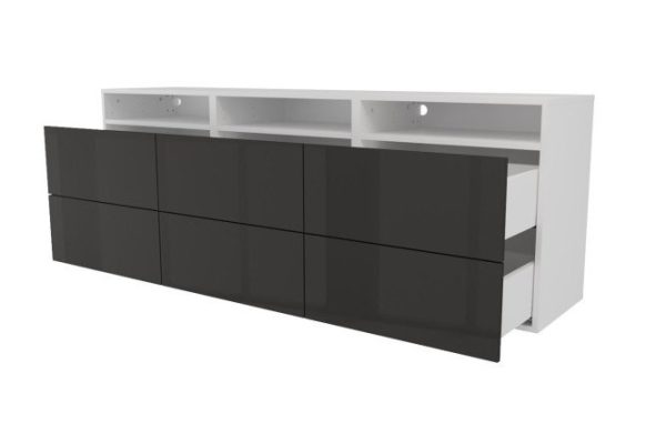 Тумба 3 полки и 6 ящиков Оскар Амика 180х64 с push to open, белый / черный графит глянец