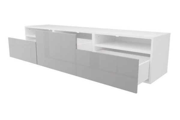Тумба с 3 ящиками и 2 полками Оскар Амика 180х38 с push to open, белый / пыльный серый глянец