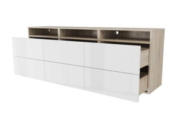 Тумба 3 полки и 6 ящиков Оскар Амика 180х64 с push to open, дуб сонома / белый глянец