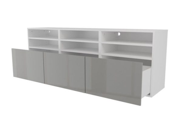 Тумба 6 полок и 3 ящика Оскар Амика 180х64 с push to open, белый / пыльный серый глянец