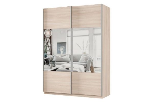 Шкаф-купе 2-дверный Практик 160х220х60 см, ясень шимо светлый, профиль серебро, с зеркальными вставками