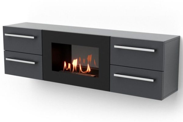 Тумба ТВ LUX FIRE Нева настенная 1400 матовая, графит,с биокамином 601