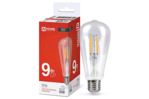 Лампа светодиодная IN HOME Deco LED-ST64-deco 9W, E27, Естественный