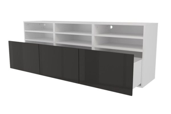 Тумба 6 полок и 3 ящика Оскар Амика 180х64 с push to open, белый / черный графит глянец