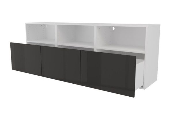 Тумба 3 полки и 3 ящика Оскар Амика 180х64 с push to open, белый / черный графит глянец