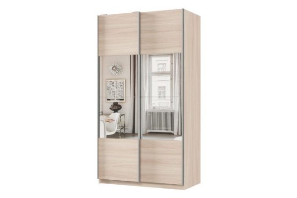 Шкаф-купе 2-дверный Практик 120х220х60 см, ясень шимо светлый, профиль серебро, с зеркальными вставками