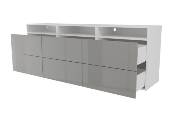 Тумба 3 полки и 6 ящиков Оскар Амика 180х64 с push to open, белый / пыльный серый глянец