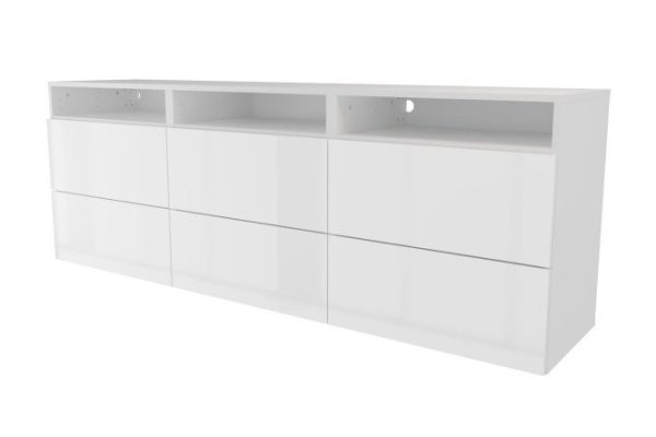 Тумба 3 полки и 6 ящиков Оскар Амика 180х64 с push to open, белый / белый глянец
