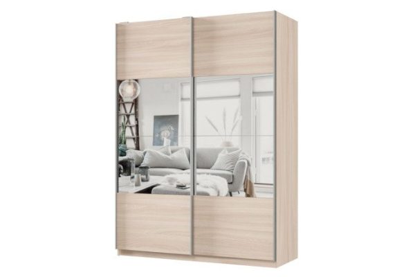 Шкаф-купе 2-дверный Практик 160х240х60 см, ясень шимо светлый, профиль серебро, с зеркальными вставками