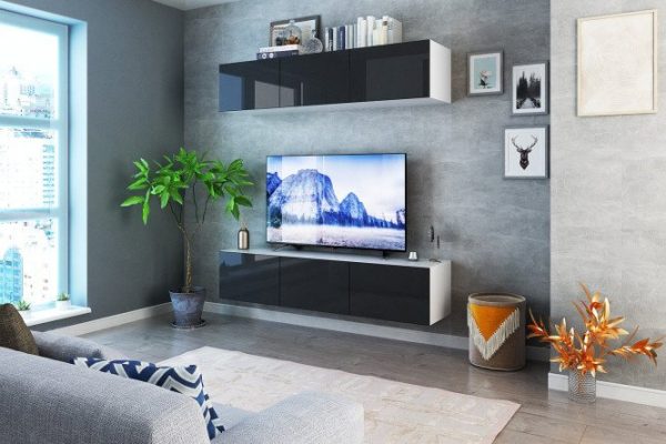 Гостиная Оскар с тумбой под ТВ и шкафом с дверцами с push-to-open, белый / черный графит глянец